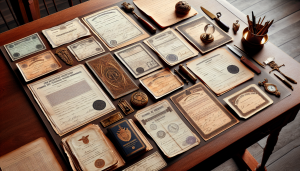 Un collage de divers titres de séjour et documents légaux français sur un bureau.